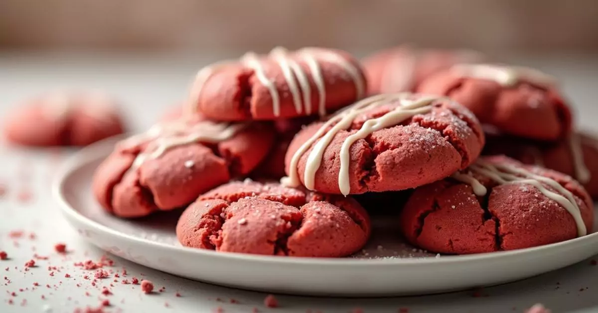 A close-up shot of freshly baked red velvet cake cookies arranged on a white plate