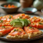 A table setting with a sliced sushi pizza ready to be served.