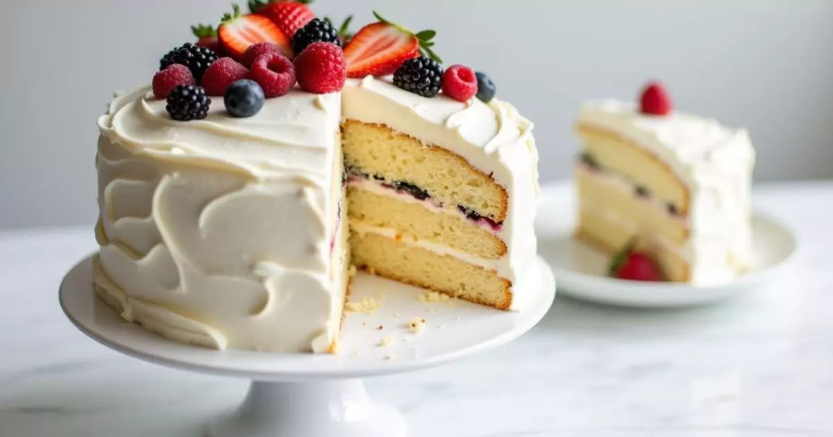 A beautifully decorated Chantilly cake recipe with whipped cream frosting and fresh berries on top. One slice has been removed and placed on a white dish next to the cake, showcasing the soft, airy layers inside.