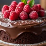 A beautifully decorated chocolate gluten free cake mix topped with ganache and fresh raspberries, set on a rustic wooden table with soft lighting, showcasing a warm and inviting baking atmosphere.