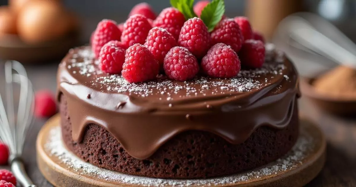 A beautifully decorated chocolate gluten free cake mix topped with ganache and fresh raspberries, set on a rustic wooden table with soft lighting, showcasing a warm and inviting baking atmosphere.